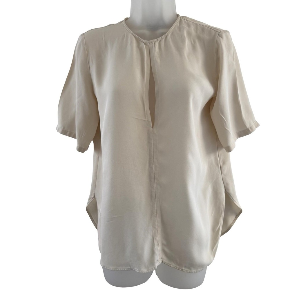 Theory Blouse‎ Womens Small White 100% Silk Classic GGT Split Neck Short Sleeve